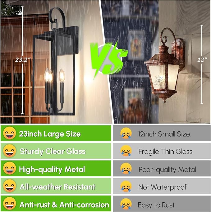 BesLowe 23" Outdoor Wall Light Fixture, 3-Light Extra Large Exterior Lighting Fixture Wall Mount, Waterproof Porch Light Outdoor Wall Sconce Lantern, Outside Light for House Front Door Garage, Black