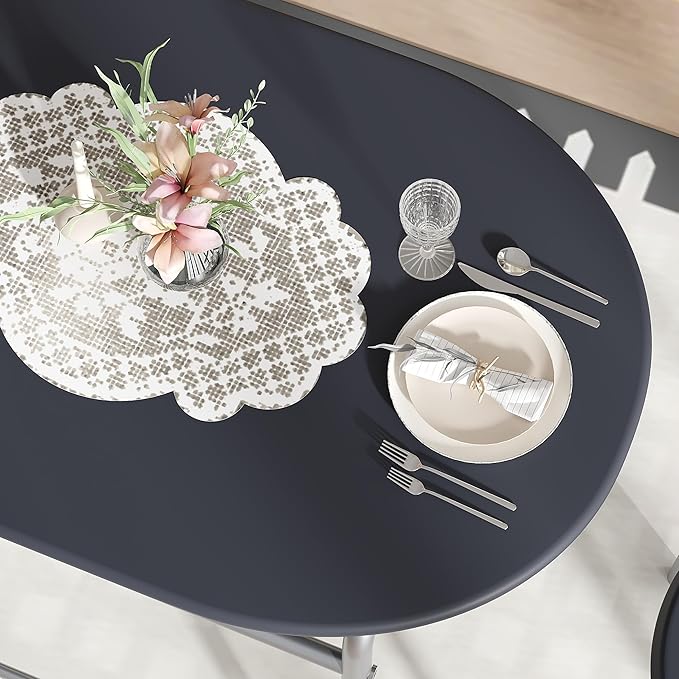 VECELO 3-Piece Dining Table Set for Kitchen Breakfast Nook, Wood Grain Oval Tabletop and Metal Frame with Built-in Wine Rack, for Small Spaces, Black & Silver