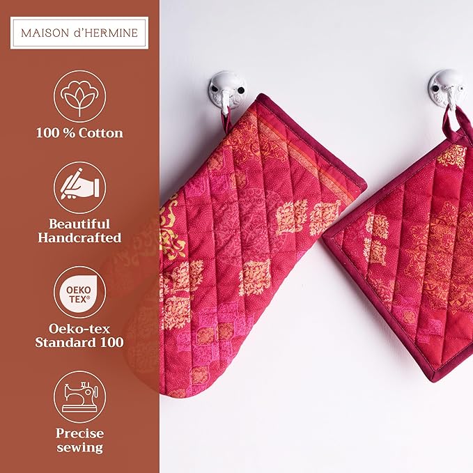 Maison d' Hermine 100% Cotton Oven Mitt & Pot Holder Set (7.5"x13" & 8"x8") Heat Resistant BBQ Cooking Gloves with Loop for Thanksgiving Christmas Decorations Handling Hot Pans (Versailles)