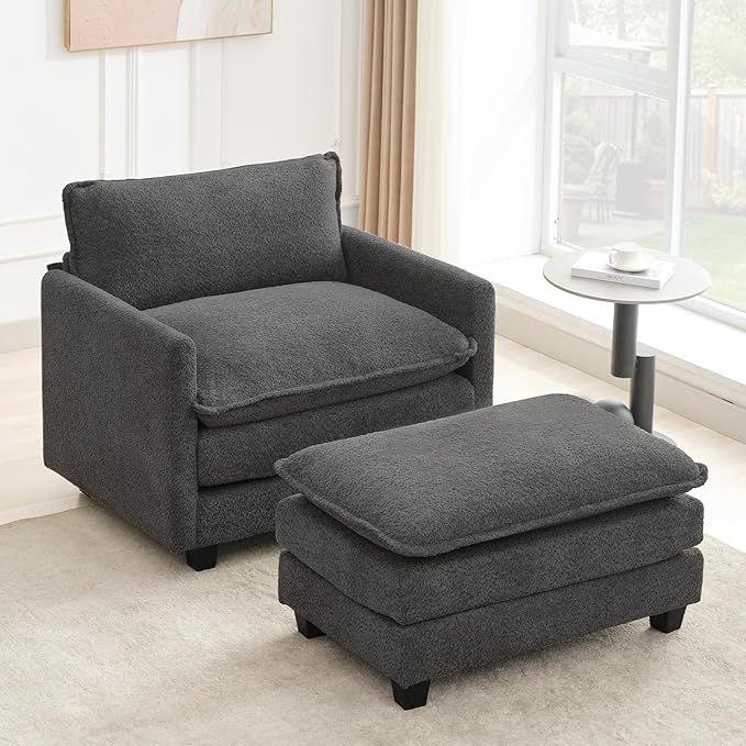 ROWHY Convertible Sectional Couch with Ottoman, Single Armchair with armrests, Modern Living Room Furniture Set, Small Couches for Small Spaces, for Living Room, Chenille, Charcoal Grey