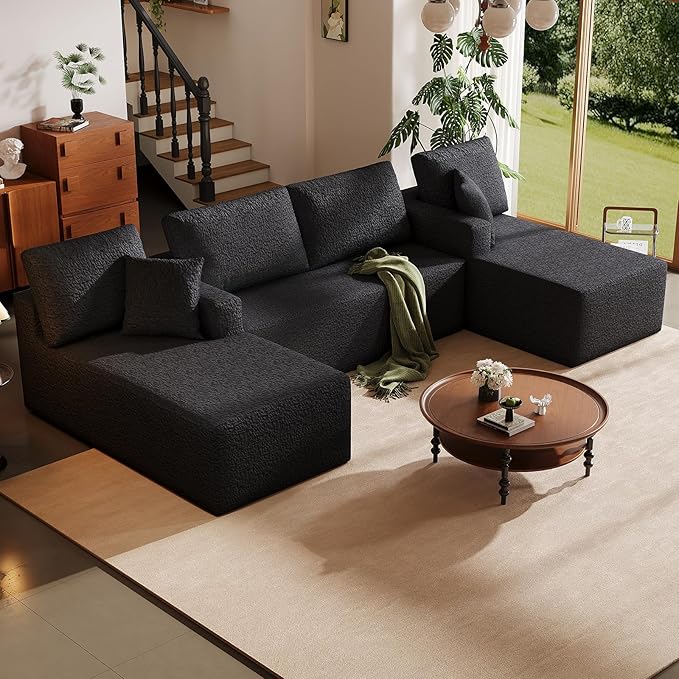 140" Modular U-Shaped Sectional Sofa, 7-Seater Cloud Couch with Double Chaise, Modern Sleeper Sofa,No Assembly Sectional Cloud Boneless Sofa Couches for Living Room/Apartment