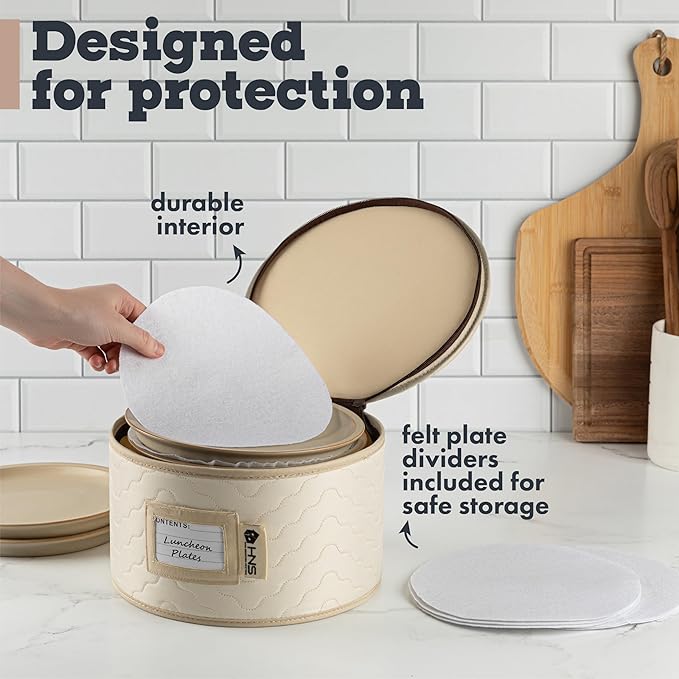 Hard Shell China Storage Containers 5-Piece Set Moving Boxes for Dinnerware, Glasses, Plates, Mugs and Saucers Sturdy Dish Organizer with Dividers for Seasonal Storage - Service for 12 - Beige Quilted