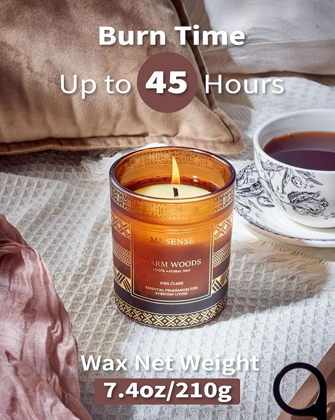 M&SENSE Christmas Candles - Warm Wood Scented Candle for Home, 7.4 Oz, 45 Hour Burn Time, Fall Winter for Men & Women, Xmas Thanksgiving Gift