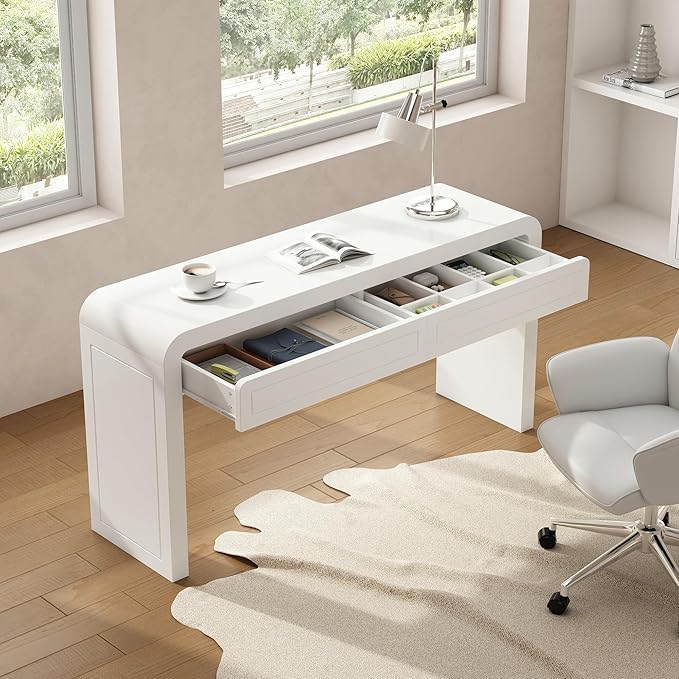 Merax 60" Entryway Console Table with Storage, 2 Drawers with Functional Divider/Retro Curved Design/Behind Couch & Sofa, White