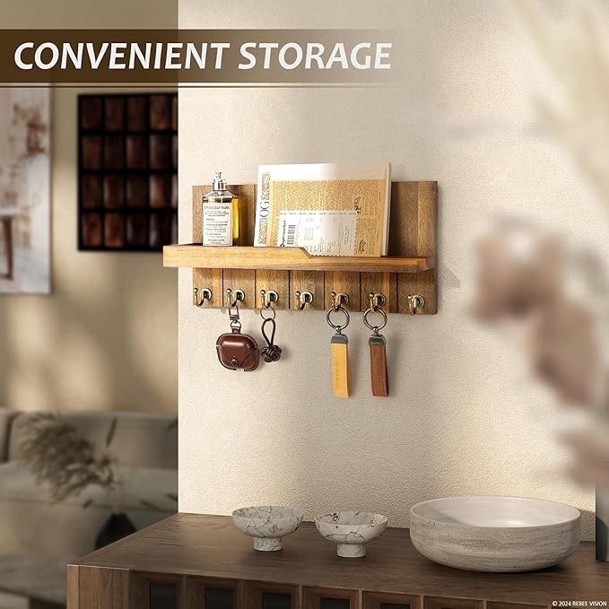 Rebee Vision Key Holder Wall Mount for Home Decor - Key Holder for Wall with Floating Shelf for Hanging Coats & Hats - to Elevate Farmhouse Decor (Acacia Wood, 3.54''×15''×7.28'')