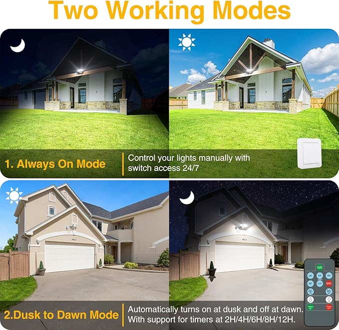 Onforu 60W Plug in Flood Light,6000 LM Dusk to Dawn Outdoor Lighting,White Outdoor Lights with Remote,IP65 Waterproof Security Lights,2Modes 3 Adjustable Heads Light for Garage Yard