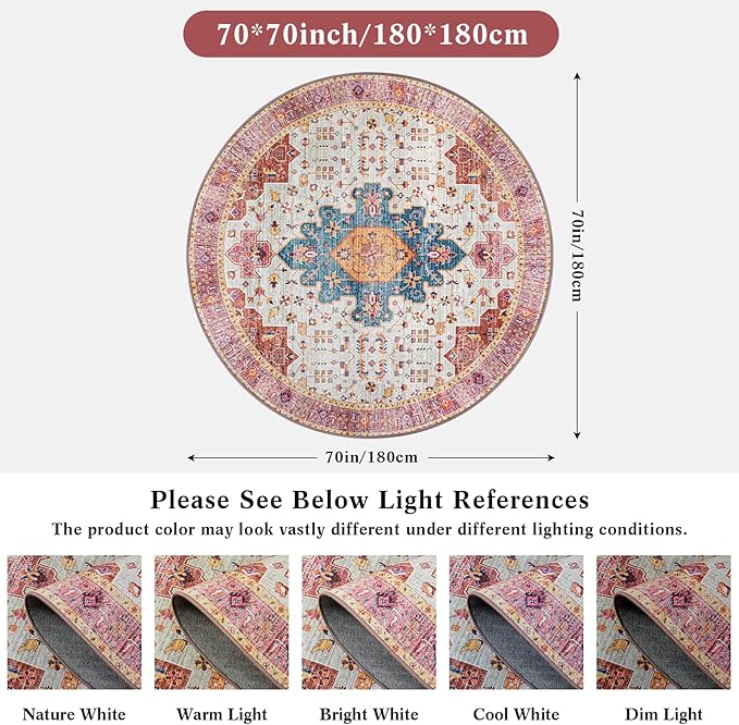 Moynesa Ultra-Thin Washable Round Rug - 6ft Pink Large Living Room Circle Area Rugs, Vintage Dining Room Mat Stain Resistant Nursery Carpet for Bedroom Mudroom Kitchen Apartment Home Office