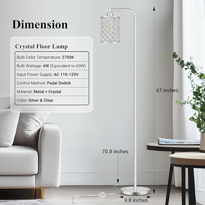 QiMH Industrial Floor Lamp for Living Room, Modern Standing Lamp with Crystal Lampshade Pedal Switch, 67” Tall Lamp for Bedroom Study Room, Silver (2700K LED Bulb Included)