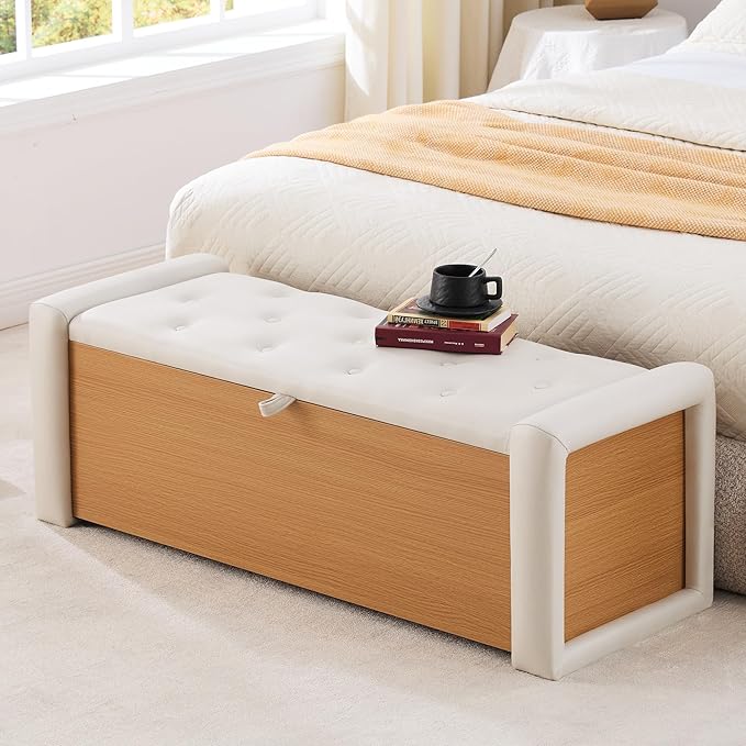48" Large Storage Ottoman Bench, Faux Leather Upholstered Bed Bench with Button Tufted, End of Bed Ottoman with Safety Hinge for Bedroom, Living Room, Window，or Entryway, Beige Shoe Storage Chest