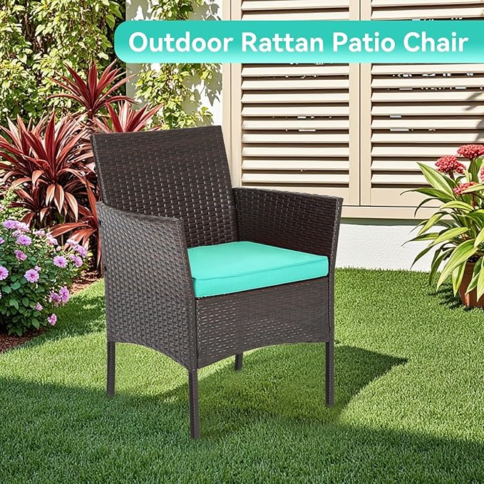 FDW Patio Furniture Set PE Rattan Patio Set Wicker Outdoor Furniture Bistro Set for Outdoor Indoor Use with Loveseats Coffee Table, Blue Cushions, 4 Pieces