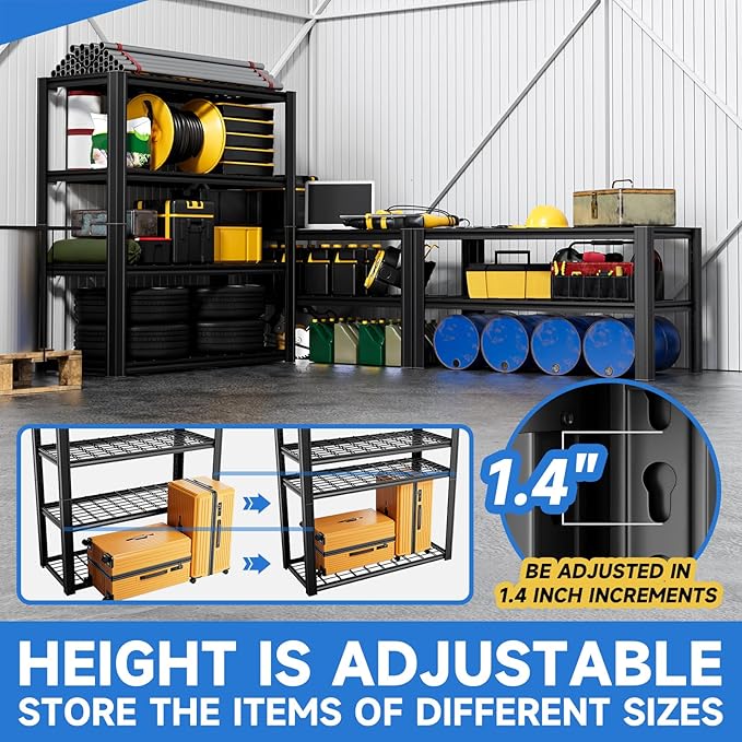 4-Tier 40" W x 19.7" D x 60" H Garage Shelf Heavy Duty Metal Garage Shelving Load 2200LBS Utility Shelves Industrial Rack Adjustable Shelves for Garages Basement Storage Shelves (Black)