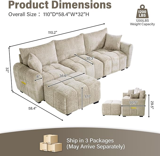 110" L Shaped Modern Boucle Sofa Modular Sectional Cloud Couch with Ottoman, Tufted 4-Seat Deep Seat Sofa with Pillows for Living Room, Bedroom and Apartment, Light Brown