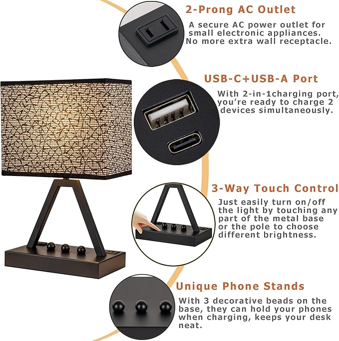 Briever Touch Control Table Lamp, 3-Way Dimmable Desk Lamp with USB C & A and AC Outlet, Bedside Lamp with Phone Stands for Bedroom, Living Room, Office, LED Bulb Included, Black Shade