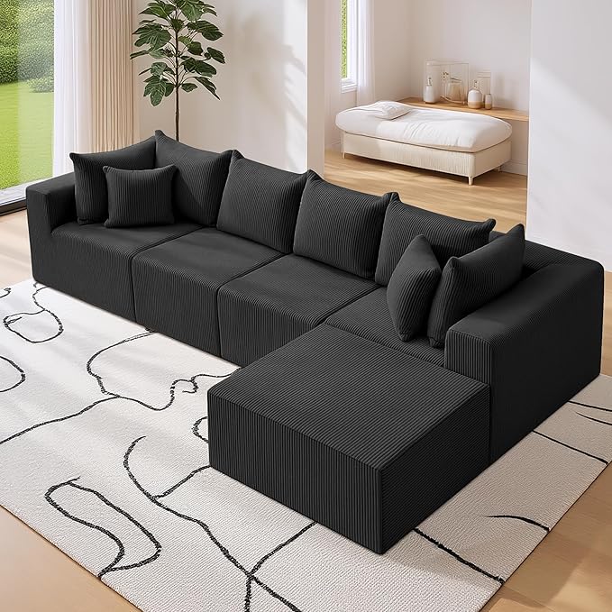 Oversize 131” Boneless Couch for Living Room, Comfort L Shaped Cloud Couch Sectional, Extra Deep Seats Corduroy Modular Sectional Sofa No Assembly,Black
