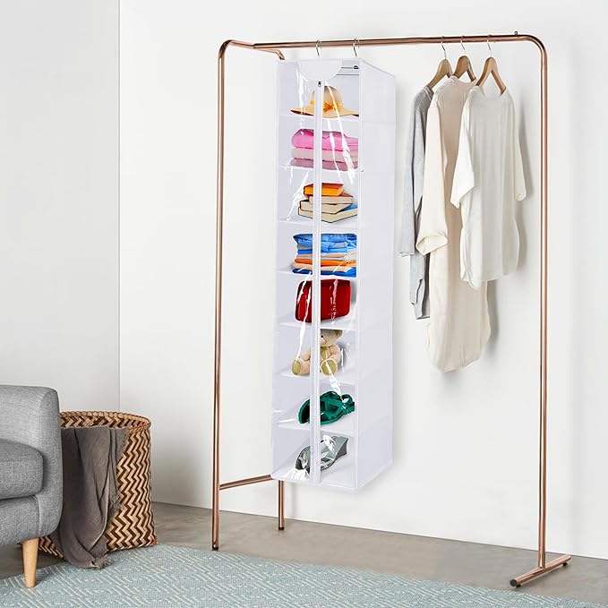Libeder Hanging Closet Organizer, 8-Shelf Wardrobe Clothes Storage Organizer with Zipper,Hanging Shelves for Sweater,Shoes,Purse,Hats,White