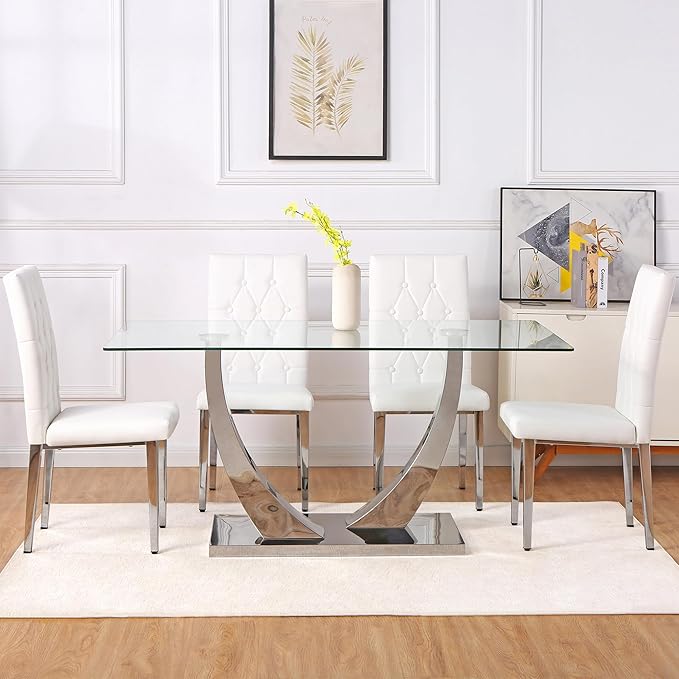 Modern Dining Table Set for 4, Glass Dining Table with 4 PU Leather Chairs, 63'' U-Shaped Legs and Rectangular Base