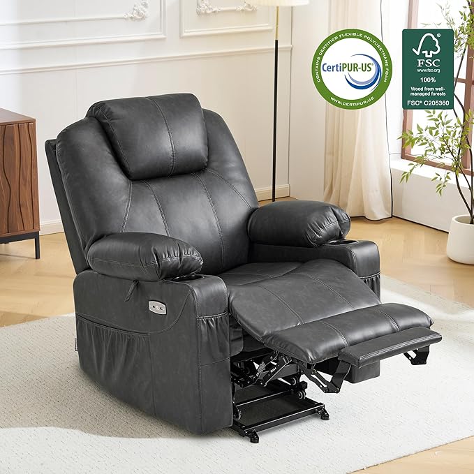 MCombo Electric Power Lift Recliner Chair Sofa with Massage and Heat for Elderly, 3 Positions, 2 Side Pockets, and Cup Holders, USB Ports, Faux Leather 7040 (Grey, Medium)