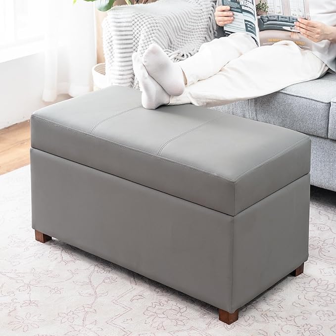 Joveco 32" Leather Storage Ottoman Bench, Rectangle Foot Rest Stool for Living Room, Bedroom, Entryway, Grey