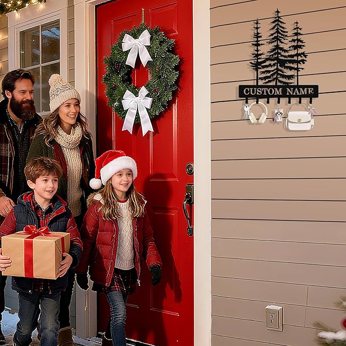 Personalized Key Holder Wall Mount, Custom Metal Pine Tree Keys Holder for Wall with Name, Wall Key Hanger Rack with Hooks for Entryway, Front Door, Living Room, Kitchen, Bathroom, Garden