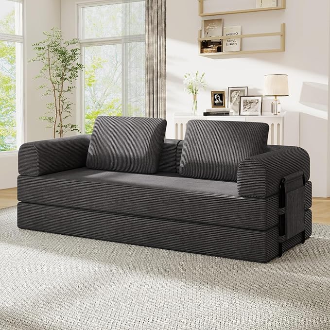 Antetek Convertible Sofa Bed, Comfy Corduroy Fluffy Love seat Sleeper Sofa, 5 in 1 Folding Couch Bed, Fold Out Floor Couch with Pillows for Bedroom, Living Room, Office, Pinstripe, Grey
