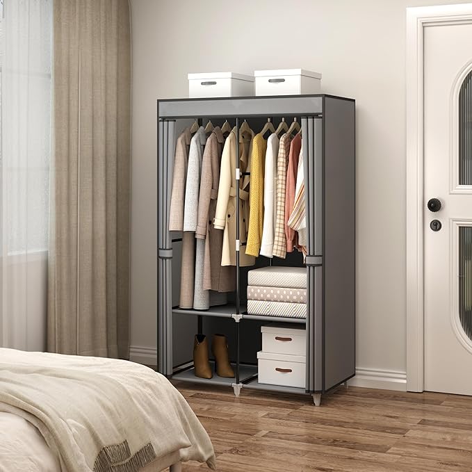 Portable Closet Wardrobe for Small Room, 35-Inch Clothing Organizer Storage Rack with 2 Clothes Hanging Rods and 4 Shelves, Non-Woven Fabric Cover, Grey