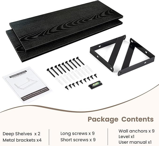 Dreamland Wall Shelves Long, 24W x 8D Wall Mounted Shelves Set of 2, Wide Display Ledge Shelf with Sturdy Metal Brackets for Living Room, Bathroom, Bedroom and Kitchen, Black