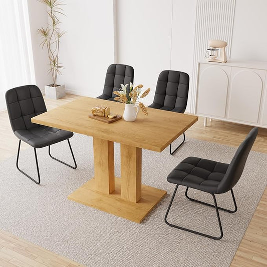 Dining Table Set for 4-6 People, 46 Inch Modern MDF Oak Kitchen Table with 4 Faux Leather Chairs, Rectangular Dining Room Table Set for Home, Small Spaces, Breakfast Nook (Oak Table + 4 Black Chairs)