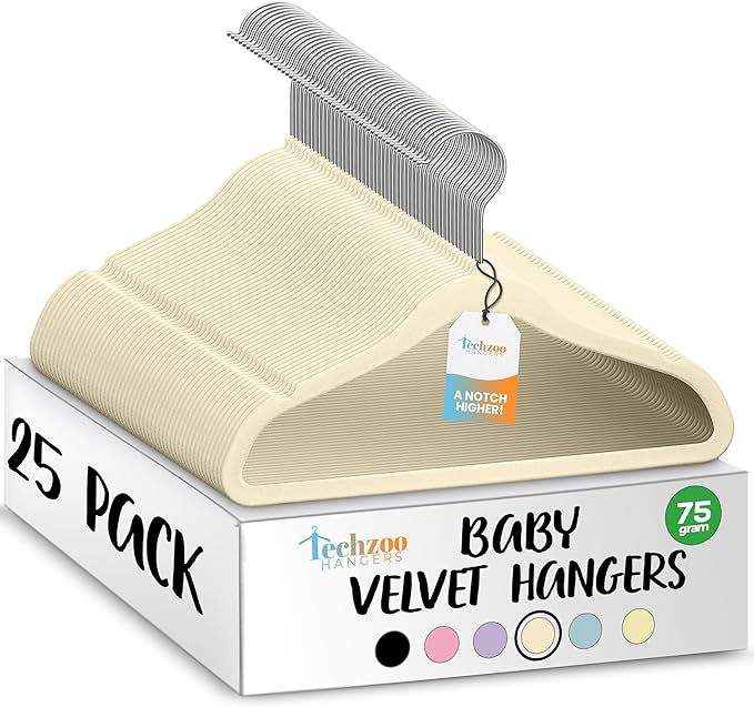 25 Premium Baby Velvet Hangers - 11.8 Inches Non-Slip & Ultra-Slim Baby Hangers for Space-Saving & Children Clothes - 360 Swivel Hook, Strong & Durable Infant & Toddler Clothes Hanger - Beige