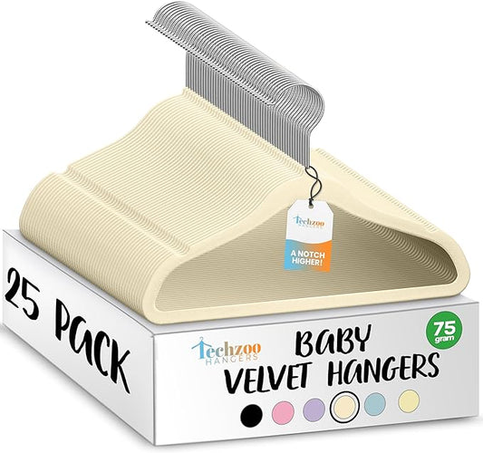 25 Premium Baby Velvet Hangers - 11.8 Inches Non-Slip & Ultra-Slim Baby Hangers for Space-Saving & Children Clothes - 360 Swivel Hook, Strong & Durable Infant & Toddler Clothes Hanger - Beige