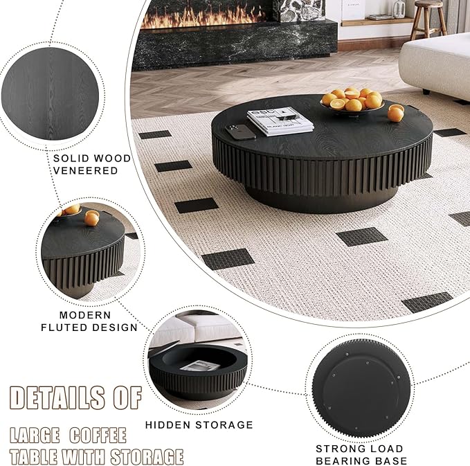 39'' Large Round Coffee Table with Storage, Fluted Coffee Table with Solid Wood Veneered, Mid Century Modern Wooden Center Table, Accent Tea Table for Living Room Apartment, Black