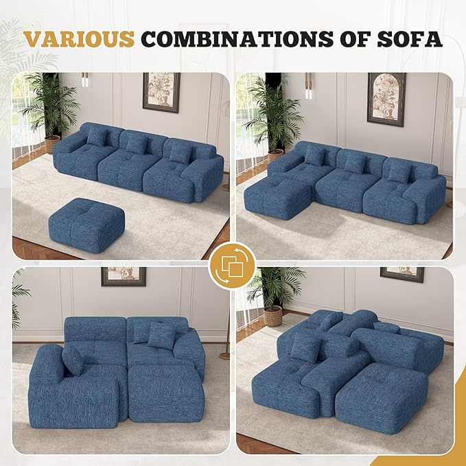 122" Modern Boneless Couches for Living Room, Convertible L Shaped Modular Sectional Sofa,4 Seater Cloud Couch Sofa Set, Blue 1 PCS