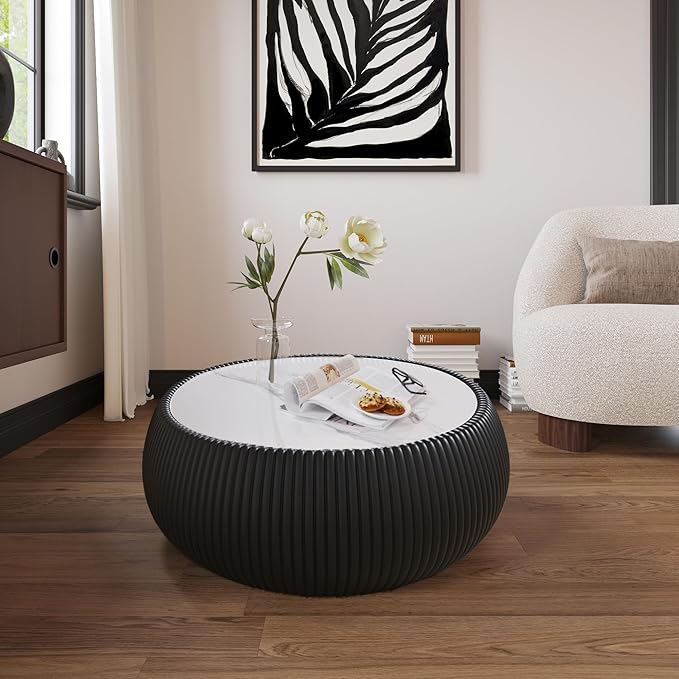 Black Round Coffee Table with Sintered Stone Tabletop, 27.55" Drum Coffee Table with Fluted PU Leather Covered and Stable Base, Circle Cocktail Tea Table for Living Room