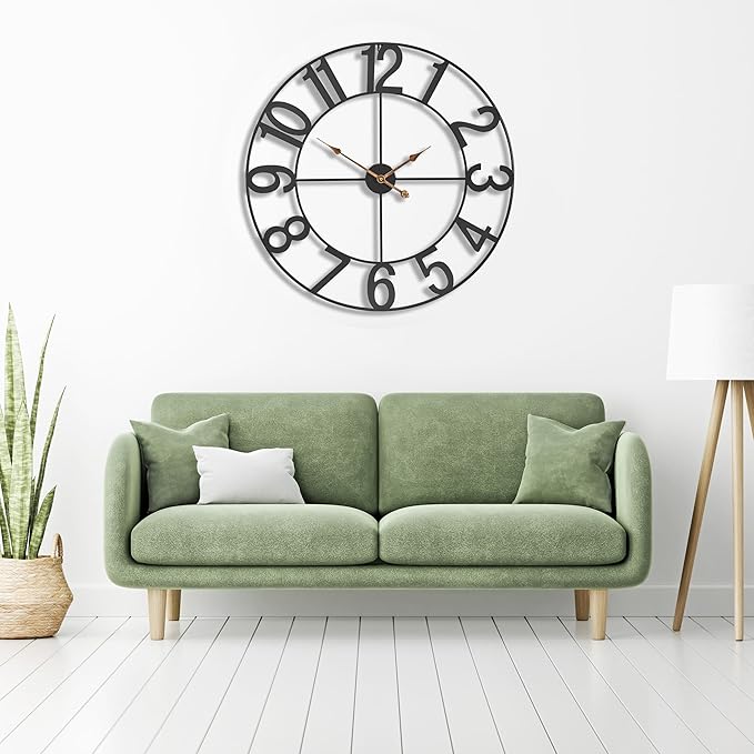 Sorbus 32-Inch Large Wall Clock – Decorative Black Metal Clock with Gold Hands – Silent, Battery Operated, Modern Wall Decor for Living Room, Kitchen, or Office – Great Gift for Housewarming or Office