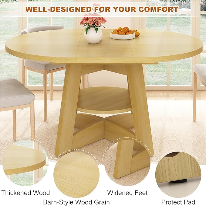 47"-63" Extendable Dining Table for 4 5 6 People,63" Farmhouse Round Extending Dining Table w/Removable Leaves Space Saving,Wooden Adjustable Tables for Kitchen Office Living Room Natural