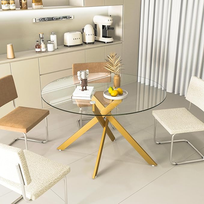 47.24" Round Glass Dining Table Modern Kitchen Glass Top Table for 6 with Gold Metal Legs, Clear Dining Table Kitchen Table for Home Office Dining Room