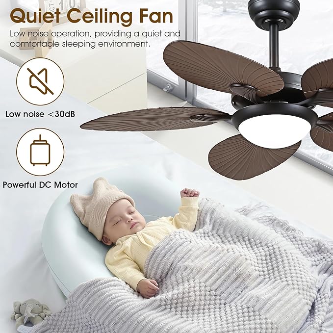 Tropical Ceiling Fans with Lights and Remote/APP Control, 44 Inch Palm Leaf Ceiling Fan with LED Lights, Outdoor Ceiling Fans for Patios Porch, Reversible Quiet Motor, Dimmable, Dark Brown