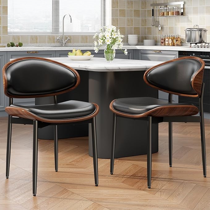 Dining Chairs Set of 6, Mid-Century Modern Upholstered PU Leather Chairs with Walnut Bentwood Back and Metal Legs Adjustable Feet for Kitchen Dining Room, Black PU