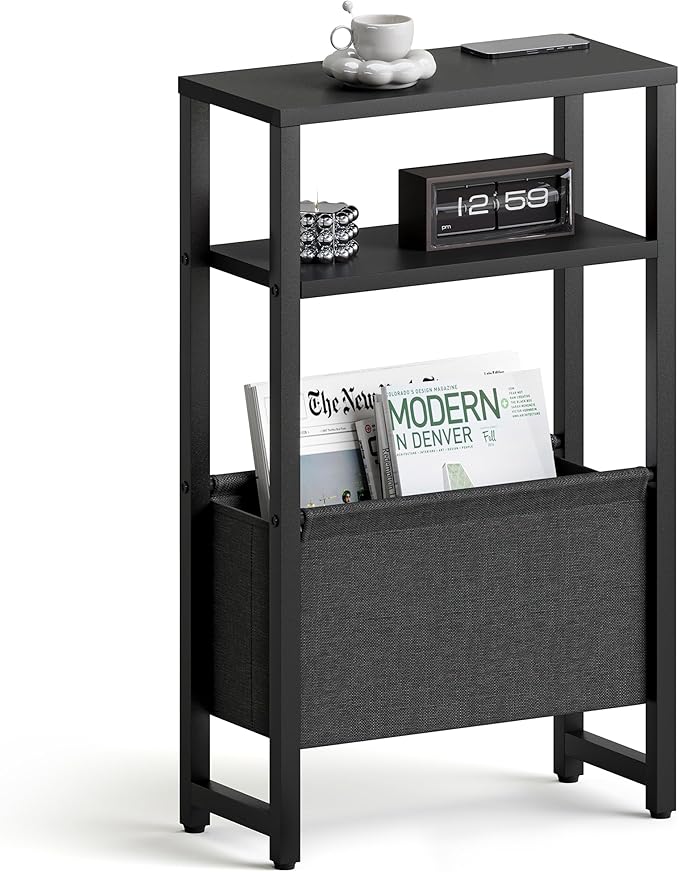 Narrow Side Table, Slim End Table with Magazine Rack, Bedside Table for Small Spaces, 3 Tier Sofa Couch Table Nightstand for Living Room, Bedroom Black LET503B