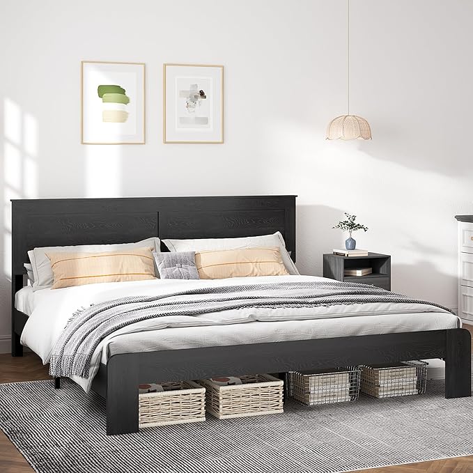 King Size Bed Frame, Rustic Vintage Platform Bed Frame with Wood Headboard and Footboard, 12 Wood Slats Support, No Box Spring Needed (Black, King)