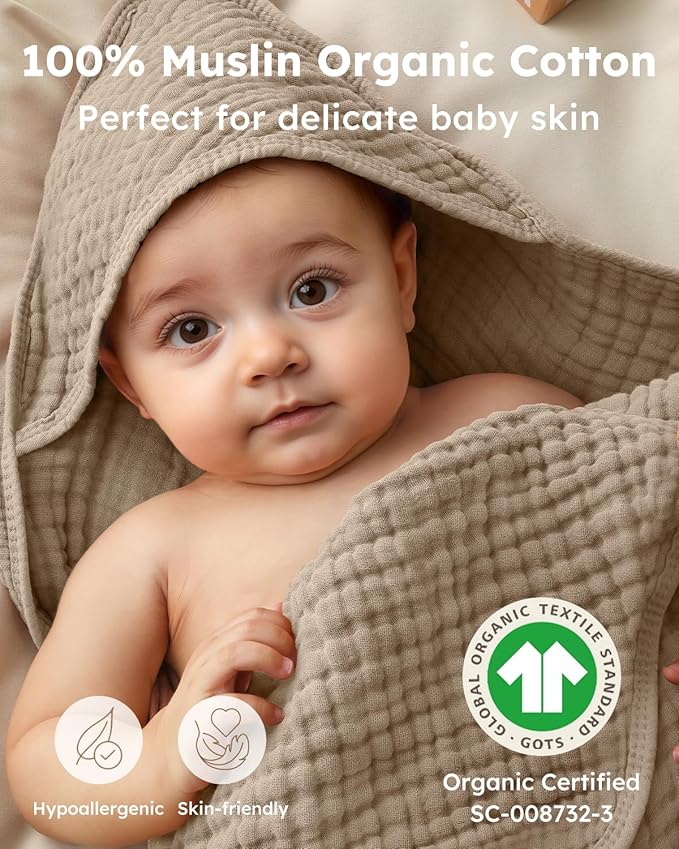 Yoofoss Hooded Baby Towels for Newborn 2 Pack 100% Muslin Organic Cotton Baby Bath Towel with Hood for Babies, Infant, Toddler and Kids, Large 32x32Inch, Soft and Absorbent Newborn Essential