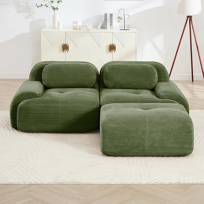 80" Modern Compressed Boneless Love Seat Couches with 1 Ottoman, 2 Seater Large Sectional Couches for Living Room, Green Corduroy Cloud Modular Sectional Sofa, Memory Foam, Deep Loveseat, No Assembly
