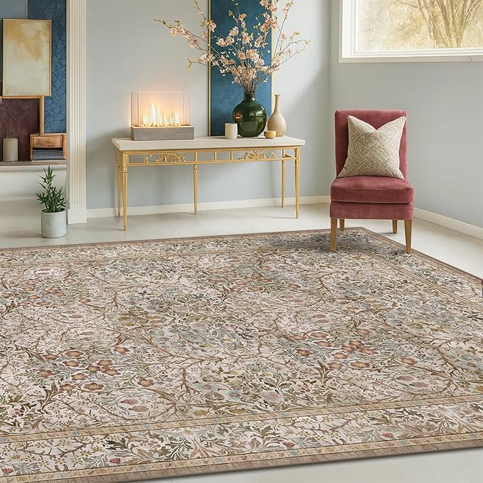 Dining Room Rugs for Under Table - 6x8 Washable Moss Green Area Rug for Living Room, Low Pile Non-Slip Floor Carpet for Bedroom - Vintage Olive Taupe Design & Stain Resistance