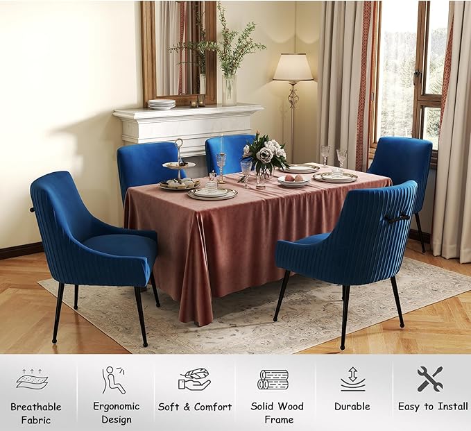 Velvet Dining Chairs Set of 8,Blue Upholstered Living Room Chairs with Black Metal Legs, Modern Tufted Accent Chairs for Living Room, Study Room, Kitchen