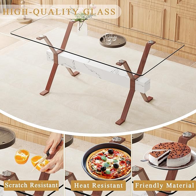 Glass Dining Table 71"｜Modern Dining Table for 6｜0.4" Thick Tempered Glass Top｜Walnut Pattern Metal Legs｜Marble Crossbar｜Easy Assembly｜Perfect for Dining Room or Kitchen