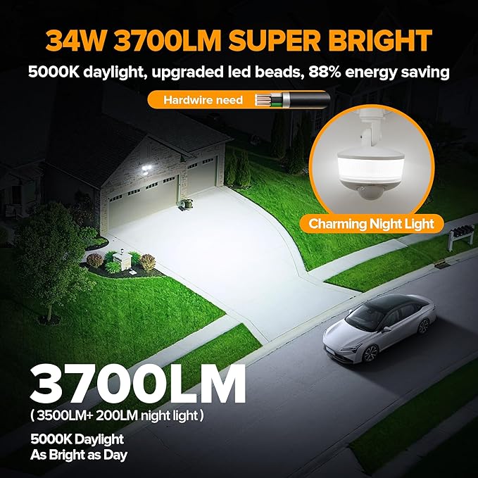LUTEC 34W 3700 Lumen LED Security Light Motion Sensor Outdoor Lights with Night Light, 5000K Daylight, IP65 Waterproof, Dusk to Dawn, Hardwired Motion Detector Flood Light for Garage, Yard-White