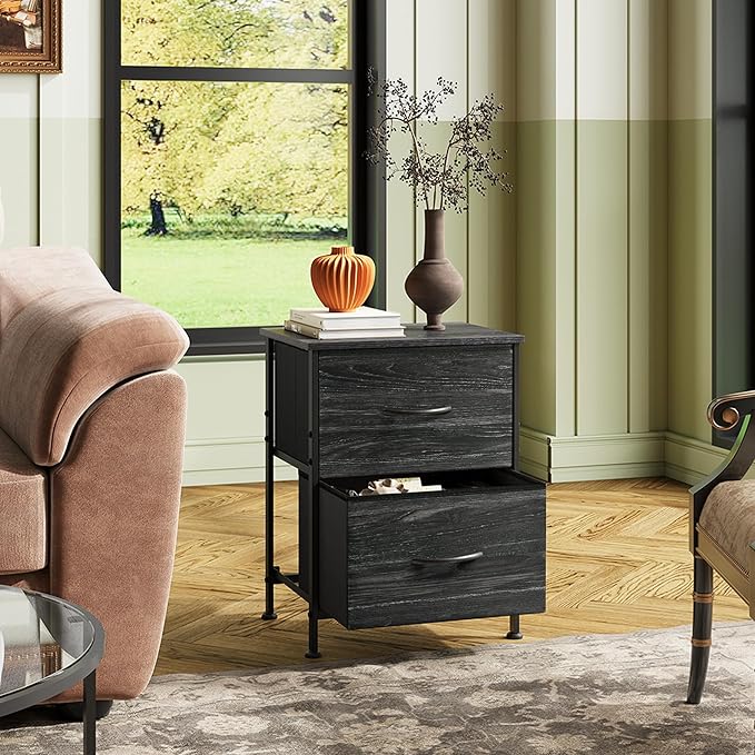 WLIVE Night Stand Set 2, Nightstand with 2 Fabric Drawers, Small Dresser for Bedroom, Bedside Table for Small Spaces, Dorm, Charcoal Black Wood Grain Print