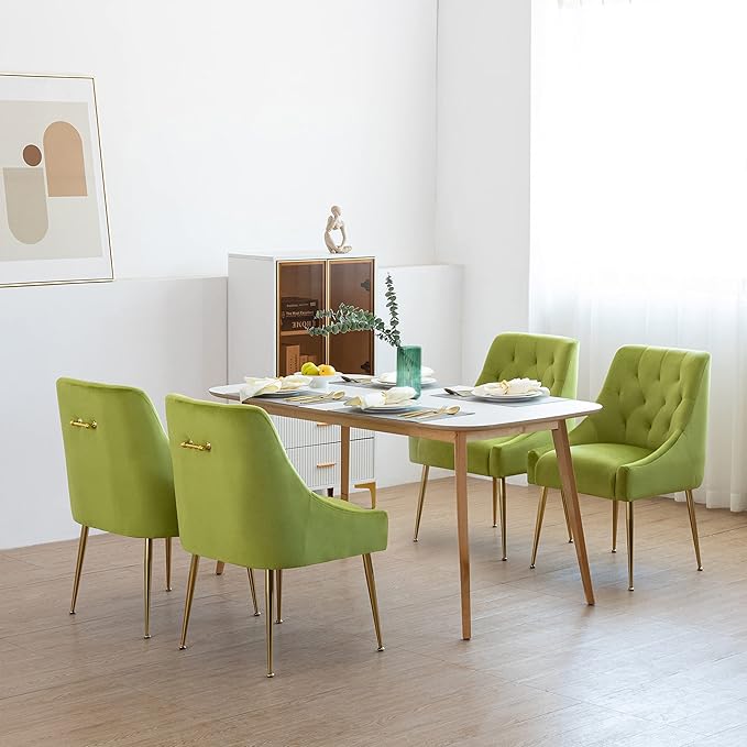 Modern Dining Chair Set of 2, Mid-Century Room Chair, Upholstered Comfortable Velvet with Back Pull Rod and Metal Legs for Kitchen, Living (Yellow-Green), (DYXSD)