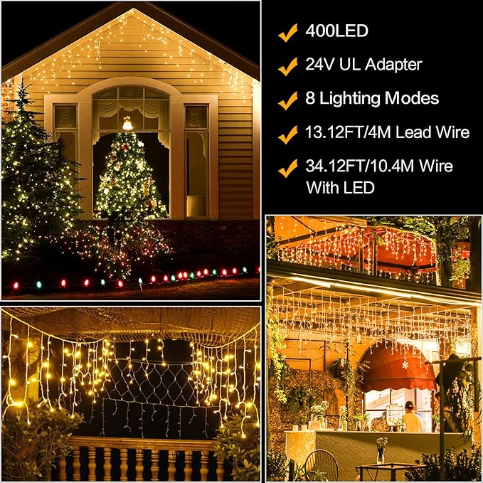 Techip Halloween Christmas Lights Outdoor, 33ft 400 LED Icicle Lights for Outside, Plug in Curtain String Lights Twinkle Tree 8 Modes Waterproof for Patio Party Holiday Decorations Warm White