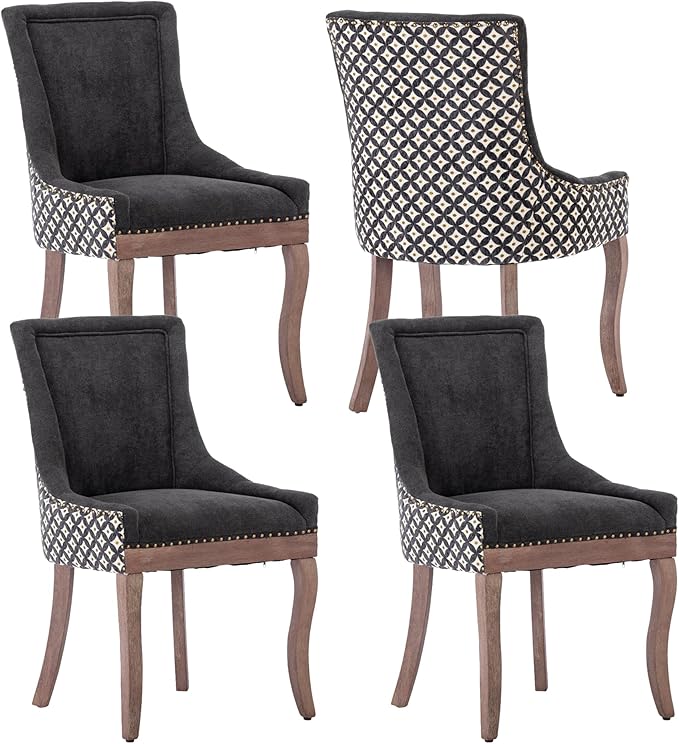 Farmhouse Dining Chairs Set of 4, Upholstered Fabric Dining Room Accent Chairs with Wood Legs & Bronze Nailhead, High Wingback Kitchen Chairs for Living Room Hotel Apartment, Black