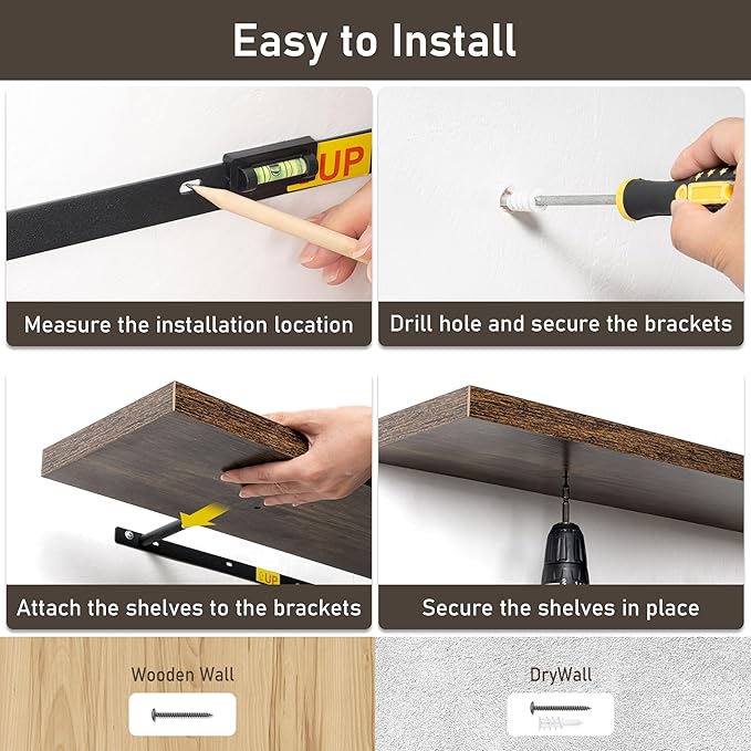 Floating Shelves for Wall, 32W x 8D Floating Wall Shelves with Invisible Brackets Set of 2, Hanging Rustic Wood Shelf Decoration for Bedroom, Bathroom, Living Room and Kitchen, Rustic Brown